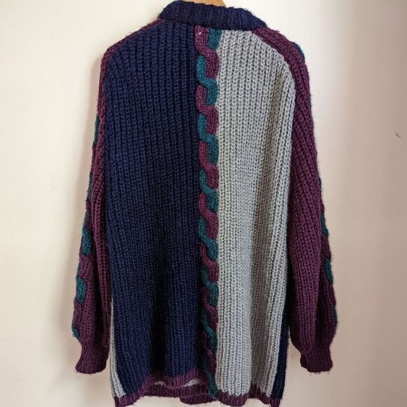 VINTAGE Jewel Tones Wool Open Front Oversized Chunky Cable Knit Cardigan… - Picture 12 of 12